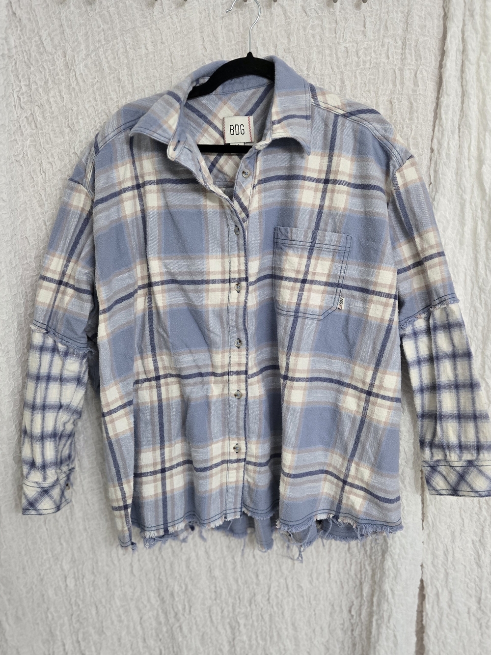 BDG Size Large Blue & Cream Plaid Patchwork Button-Up Shirt